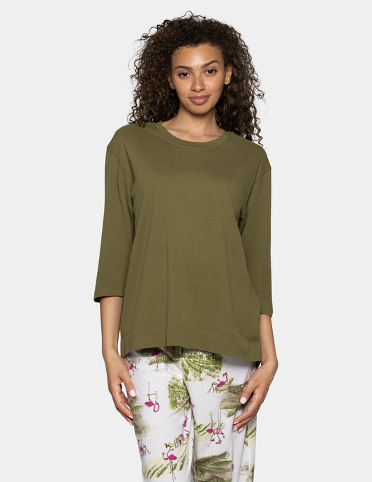 3/4 Sleeve Cotton Candied Boxy PJ Tee - Shrub Green | Hue