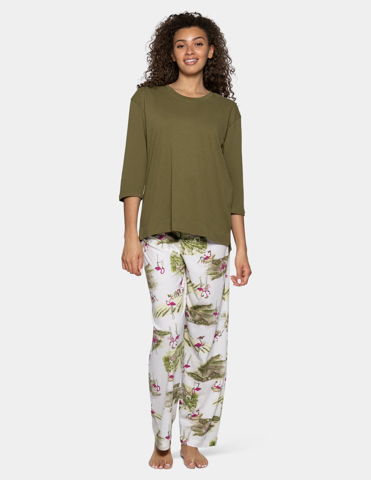 3/4 Sleeve Cotton Candied Boxy PJ Tee - Shrub Green | Hue