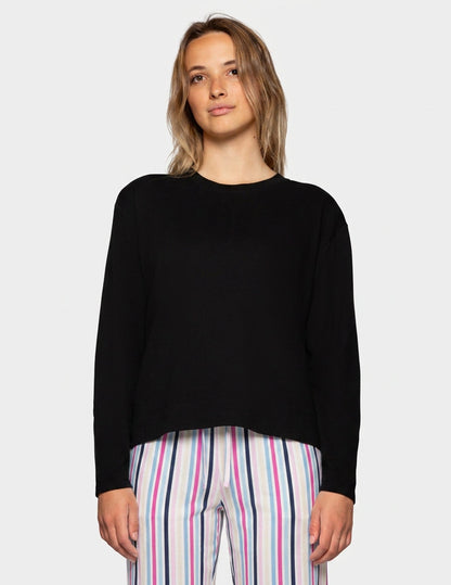 Long Sleeve Cotton Candied Boxy PJ Tee - Black | Hue