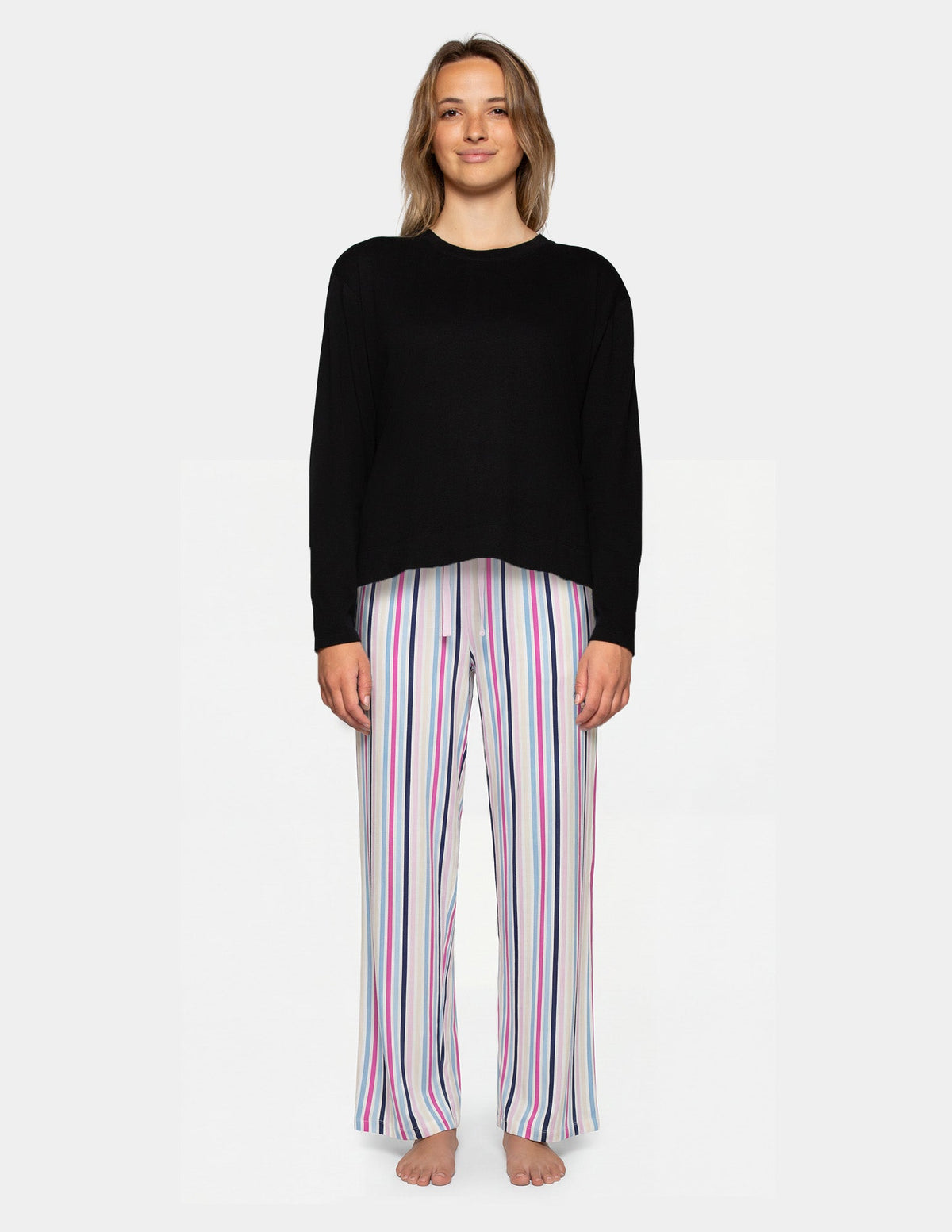 Long Sleeve Cotton Candied Boxy PJ Tee - Black | Hue