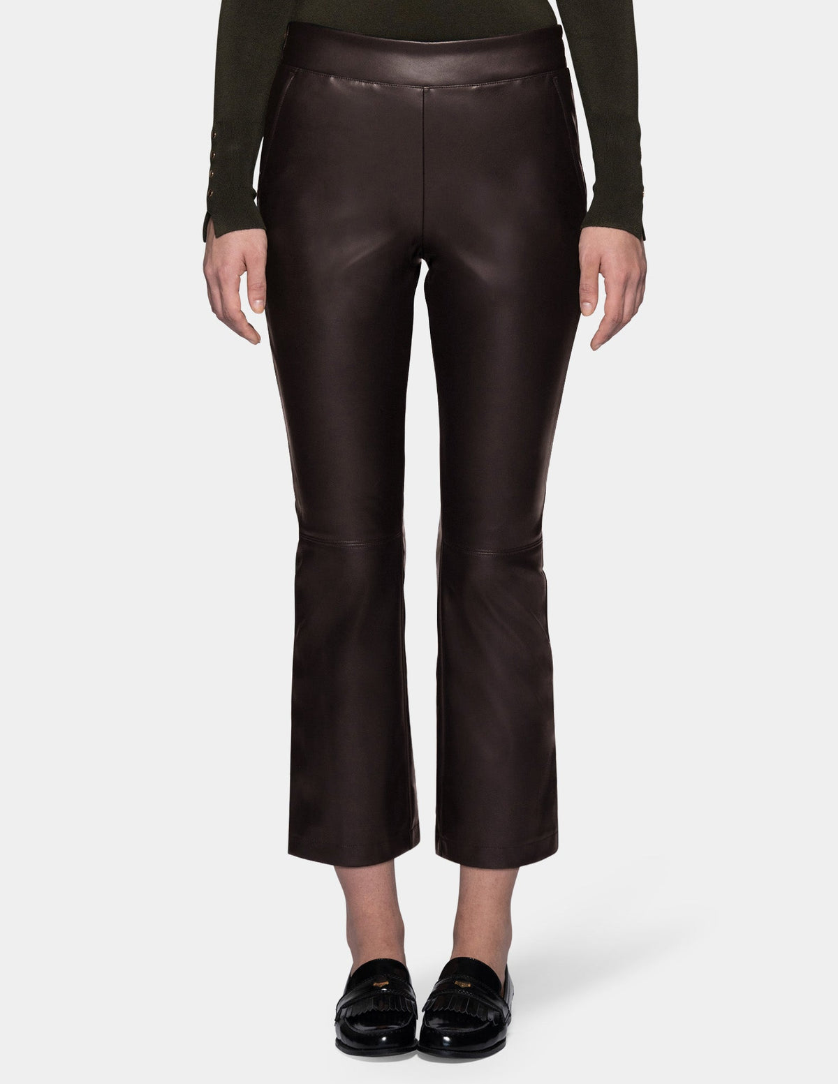 Leatherette Cropped Baby Bootcut Legging - Black Coffee | Hue