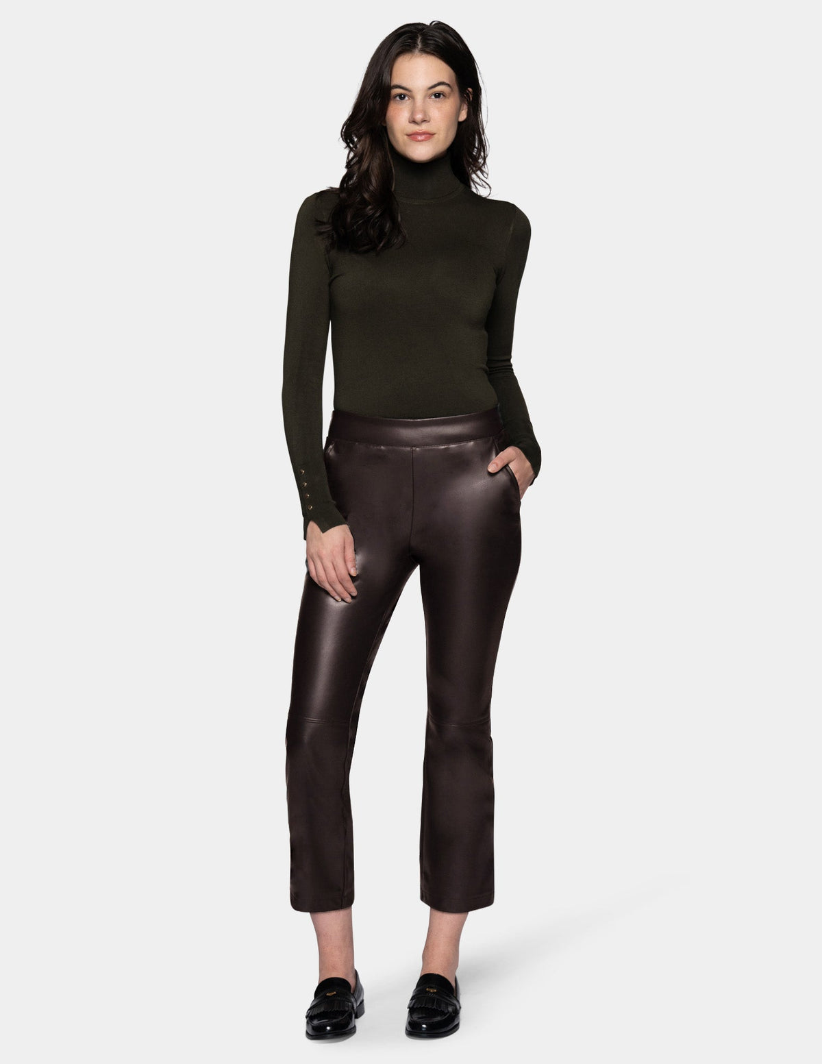 Leatherette Cropped Baby Bootcut Legging - Black Coffee | Hue