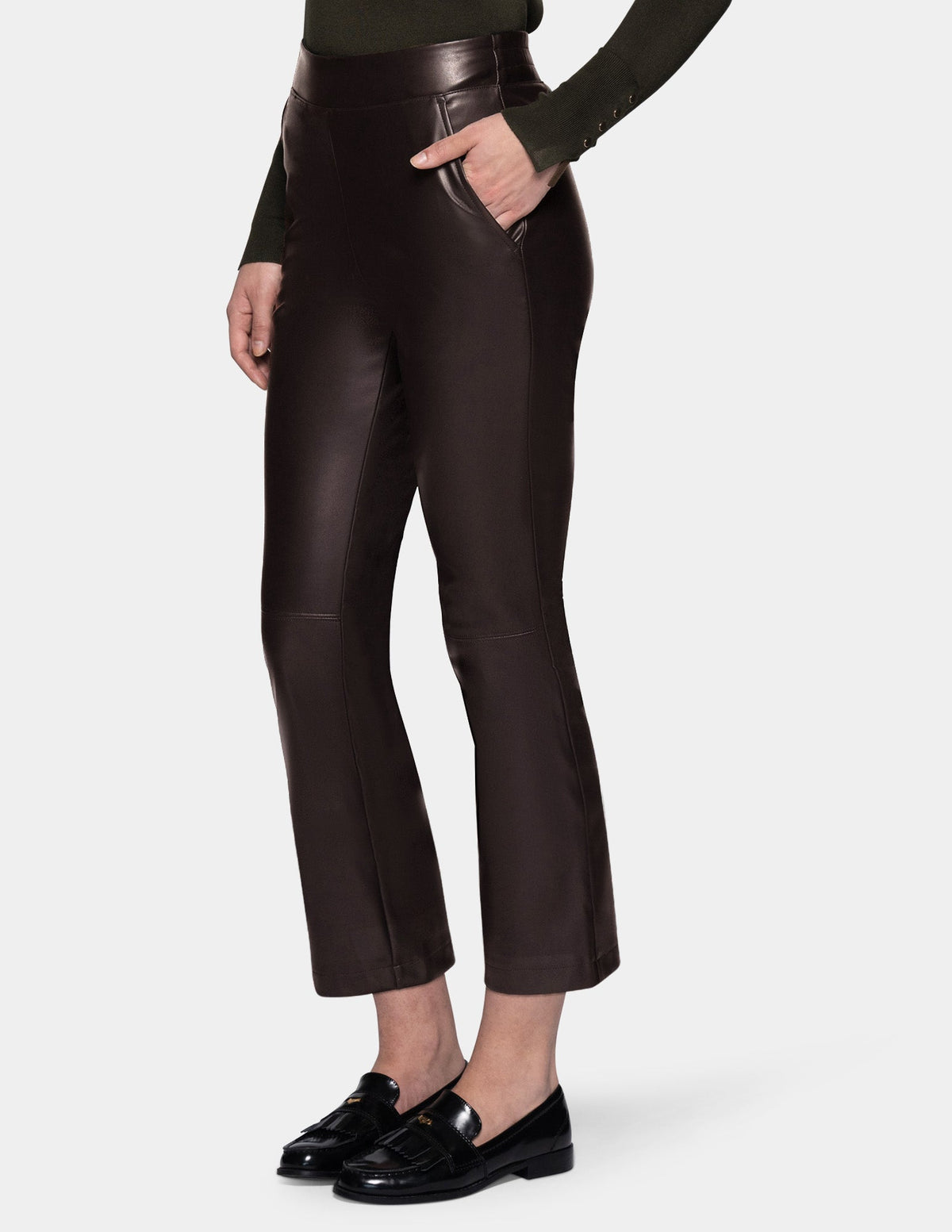 Leatherette Cropped Baby Bootcut Legging - Black Coffee | Hue