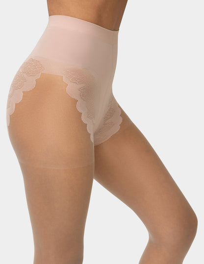 French Lace Control Top Pantyhose - Almond Blossom | Hue