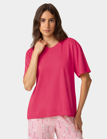 Short Sleeve Cotton Candied Boxy PJ Tee - Azalea | Hue