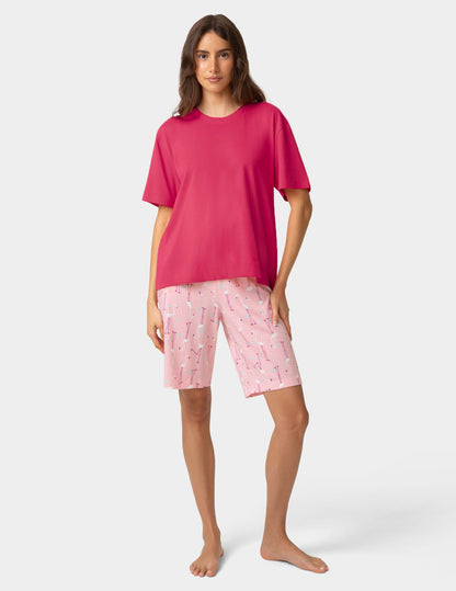 Short Sleeve Cotton Candied Boxy PJ Tee - Azalea | Hue