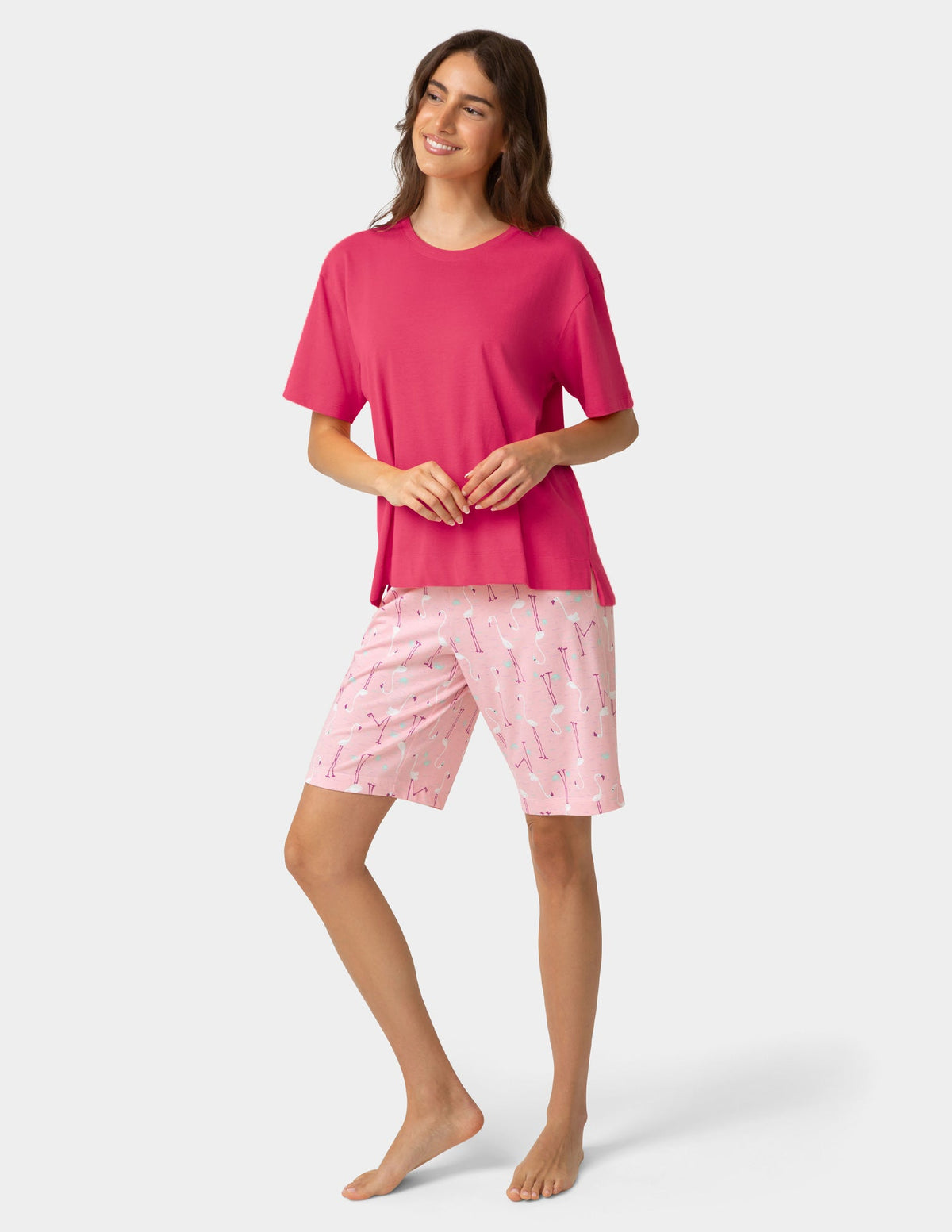 Short Sleeve Cotton Candied Boxy PJ Tee - Azalea | Hue