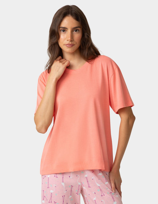 Short Sleeve Cotton Candied Boxy PJ Tee - Shell Pink | Hue
