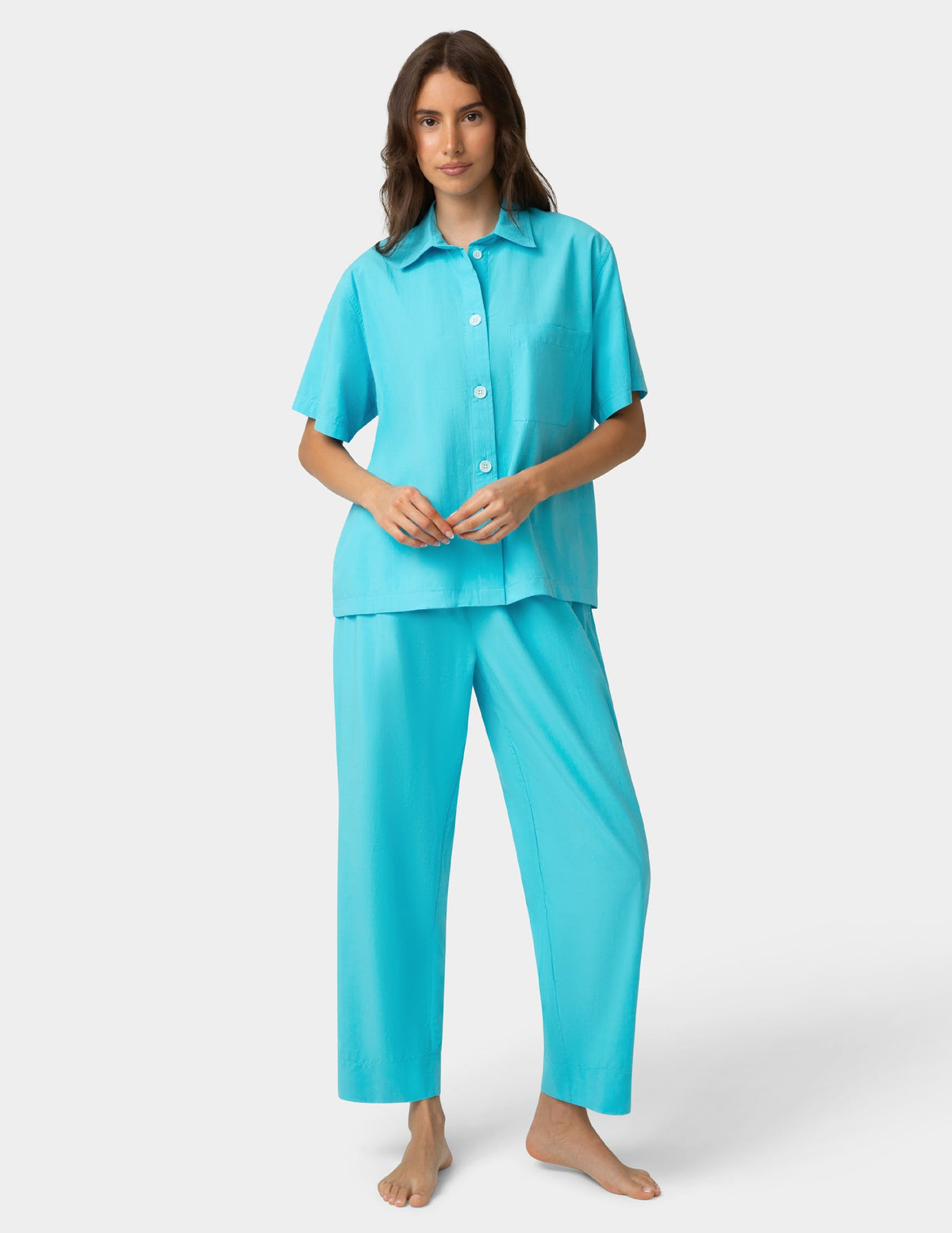 Short Sleeve Poplin Camp PJ Top - Blue Mist | Hue