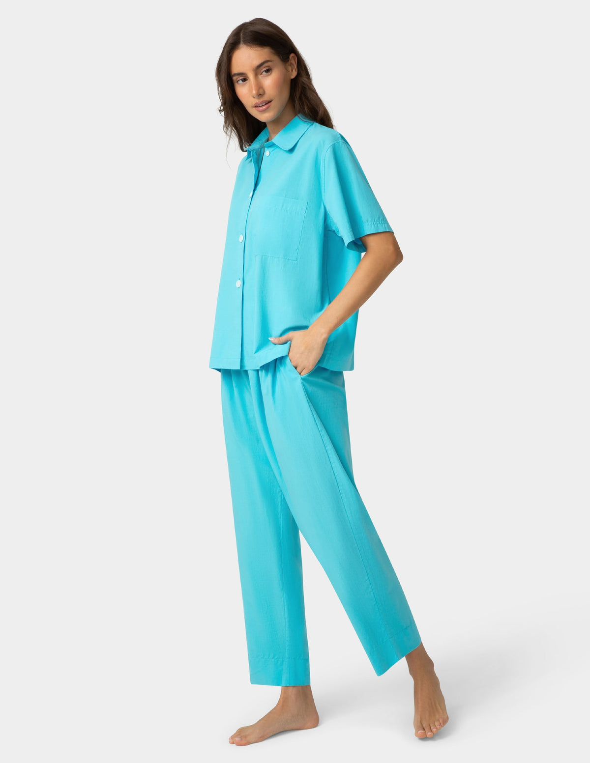 Short Sleeve Poplin Camp PJ Top - Blue Mist | Hue