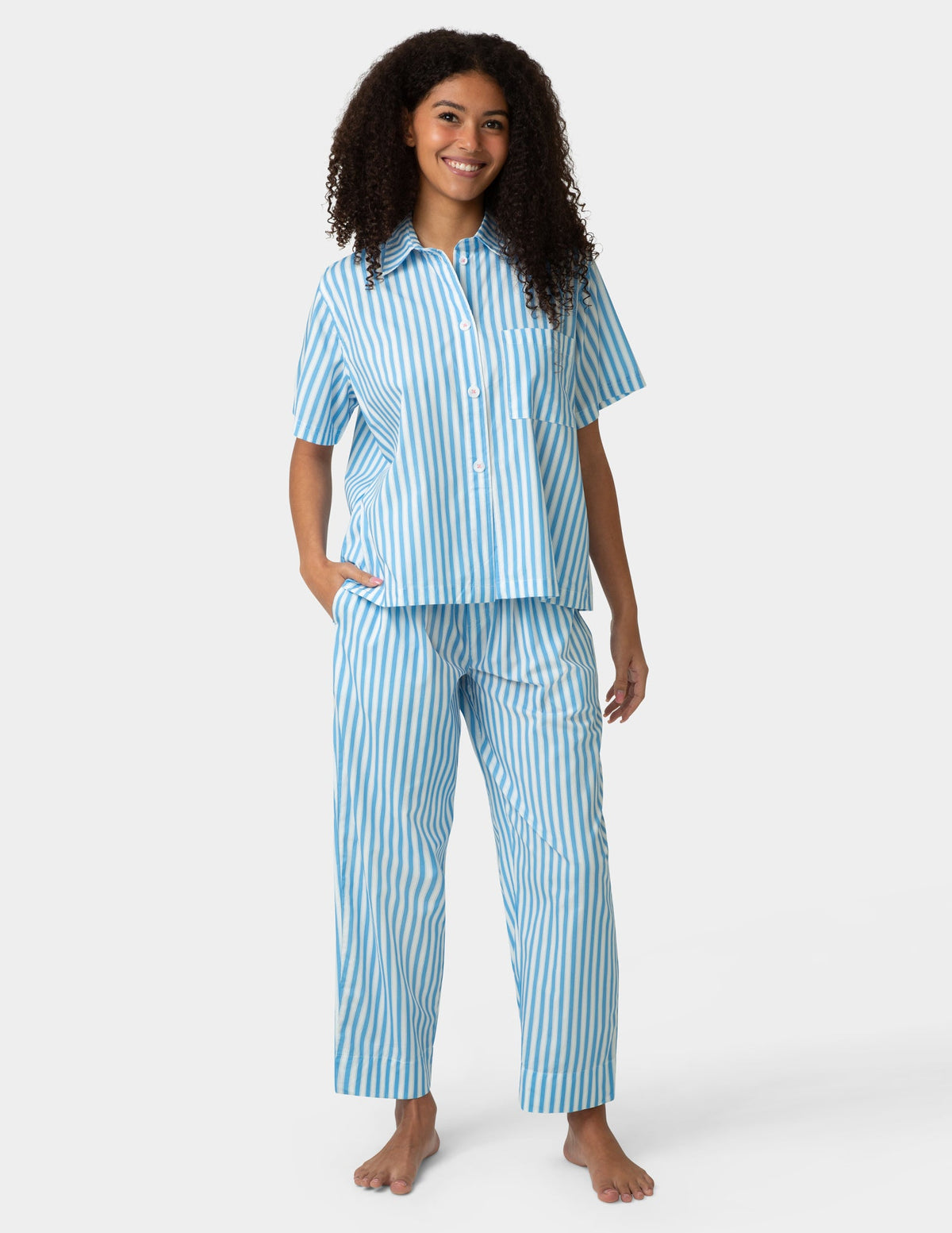 Short Sleeve Poplin Camp PJ Top - Azure Blue | Hue