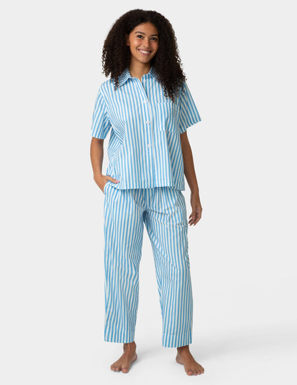 Short Sleeve Poplin Camp PJ Top - Azure Blue | Hue