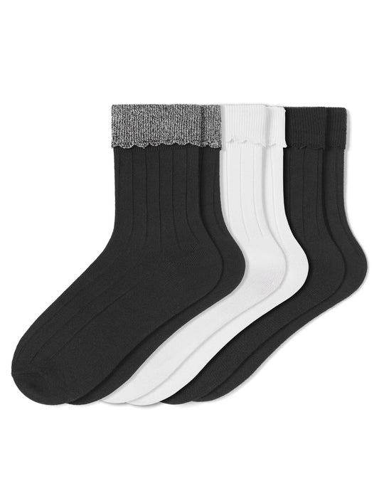 Scalloped Turncuff Sock 3 Pair Pack - Black/White | Hue